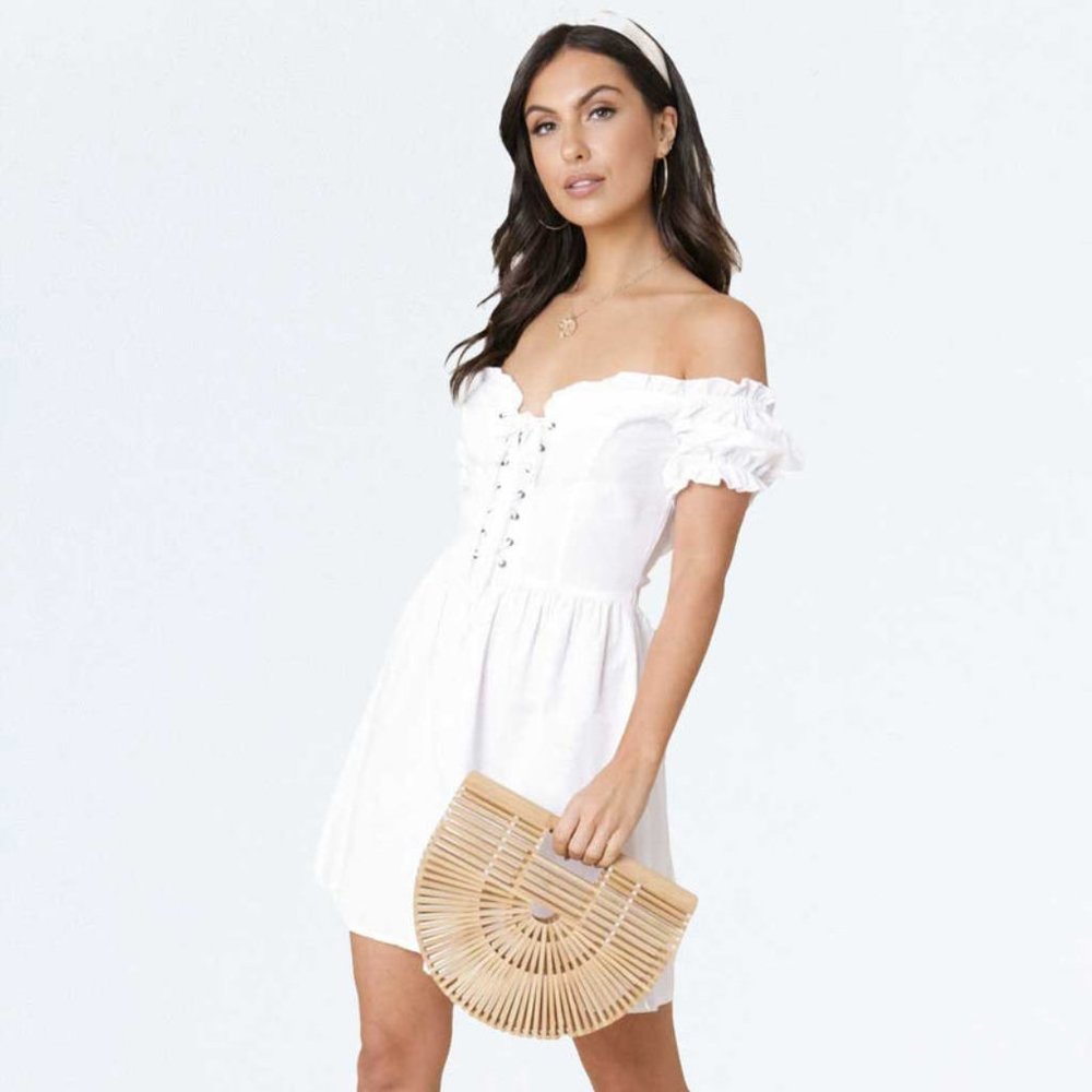 White Puff Sleeve Lace Up Milkmaid Puff Sleeve Sweetheart Skater Dress Cotton - Picture 1 of 15